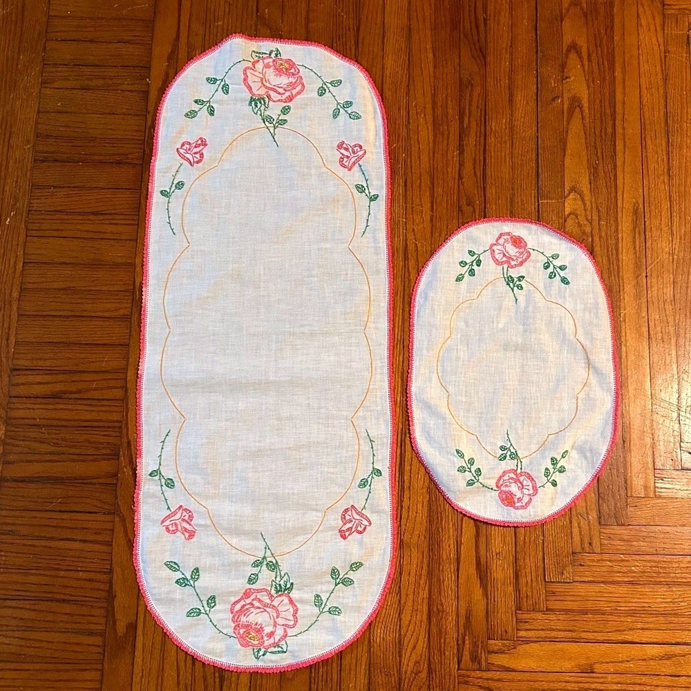 Vintage Embroidered Linen Dresser Scarf Set Pink Rose Cottagecore Heirloom Fem